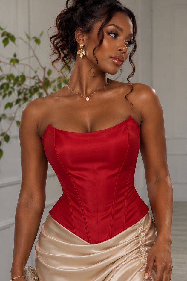 Bustier corseté Cerise en satin rouge : bandeau à décolleté rond, sur une jupe drapée fendue